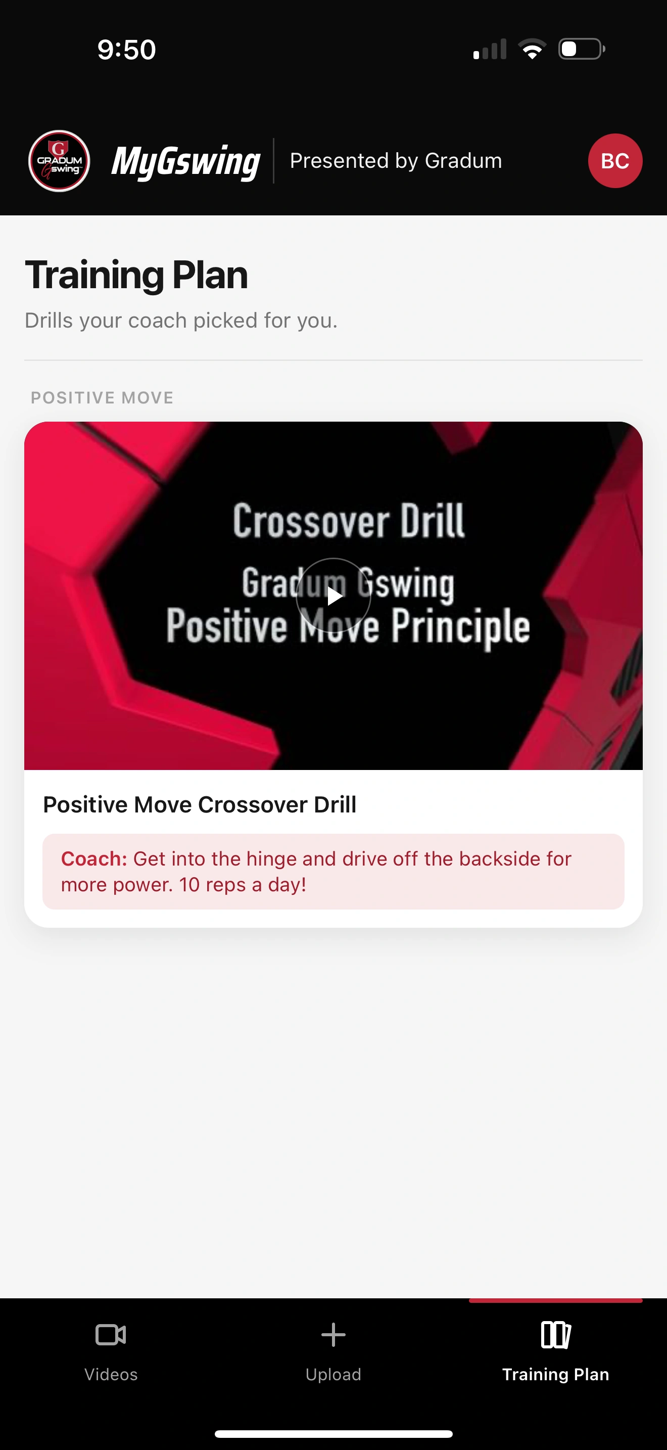 Actual MyGswing training plan screen