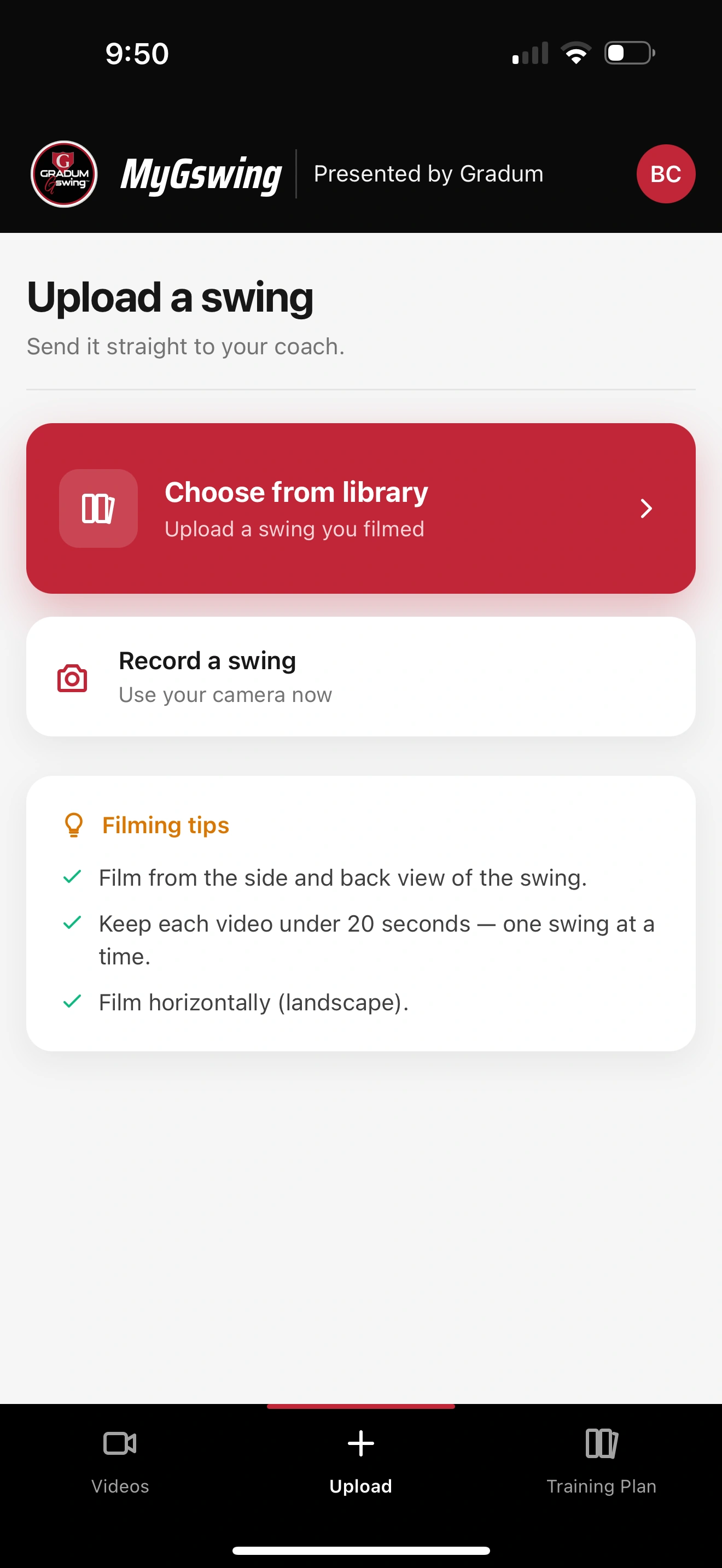 Actual MyGswing upload screen